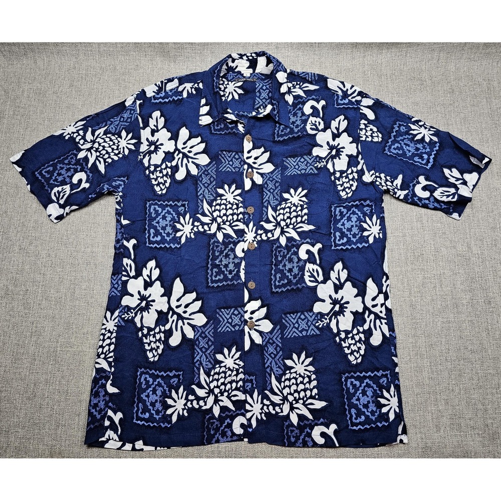 Ron Jon Surf Shop Shirt Mens Large Blue Hawaiian Aloha Short‎ Sleeve Button Up